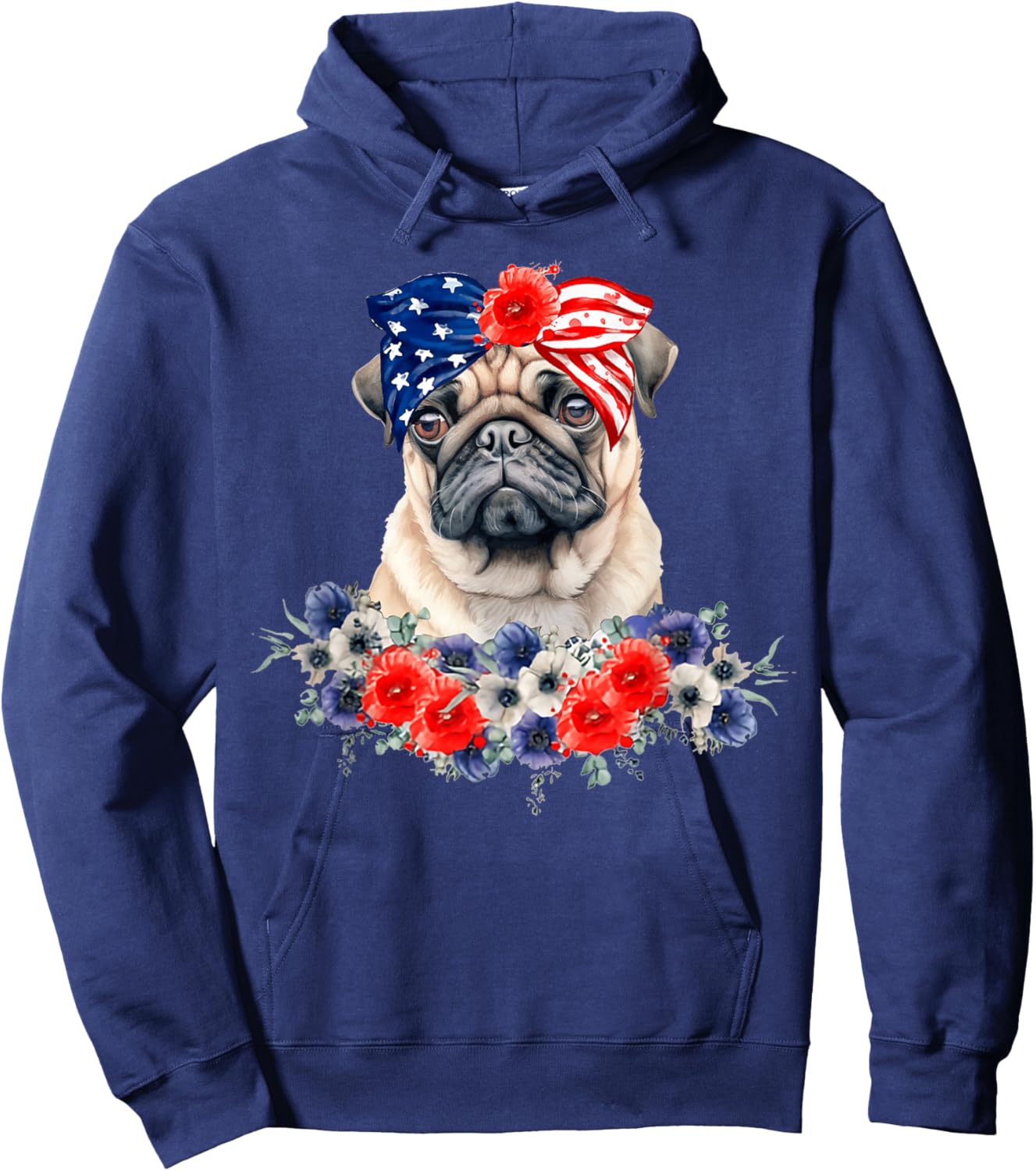 Pug Dog Bandana American Flag 4th Of July Women Kids Men Hoodie - Hoodie | Navy