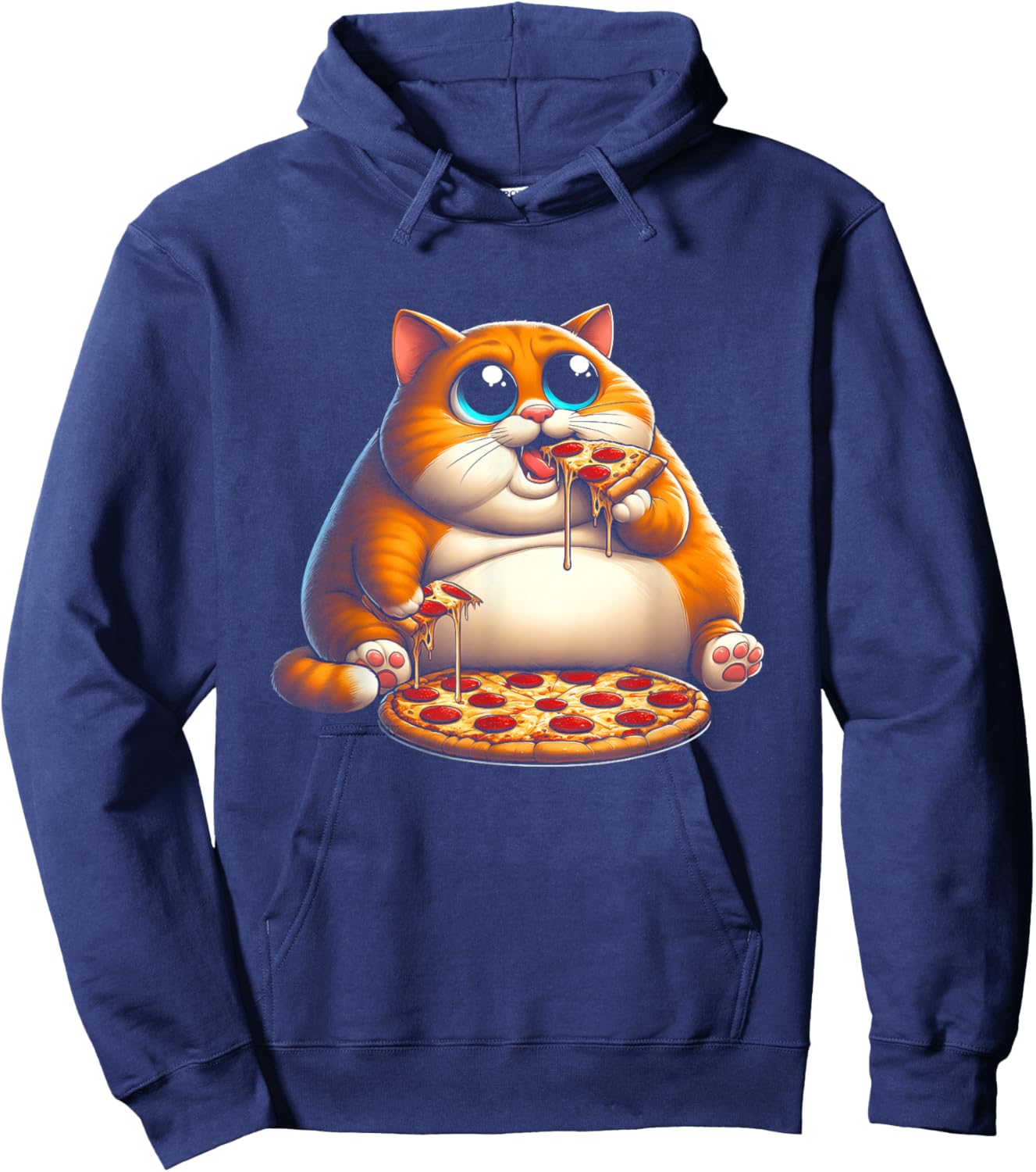 Funny Fat Cat Eating Pizza Fast Food Art Meme Animal Lover Hoodie - Hoodie | Navy