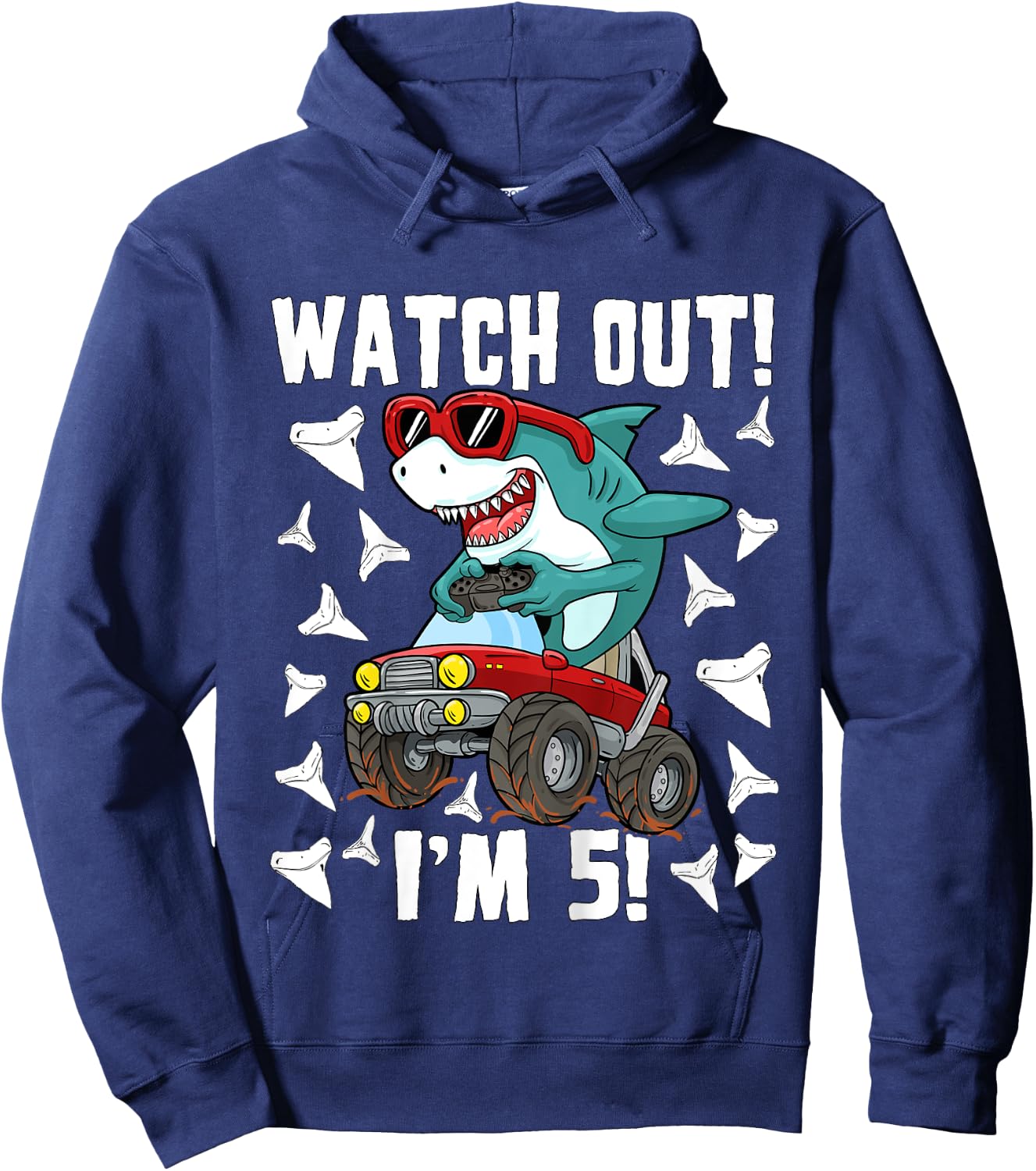 5 Years Old 5th Birthday Shark Boy Girl Monster Truck Gamer Hoodie - Hoodie | Navy