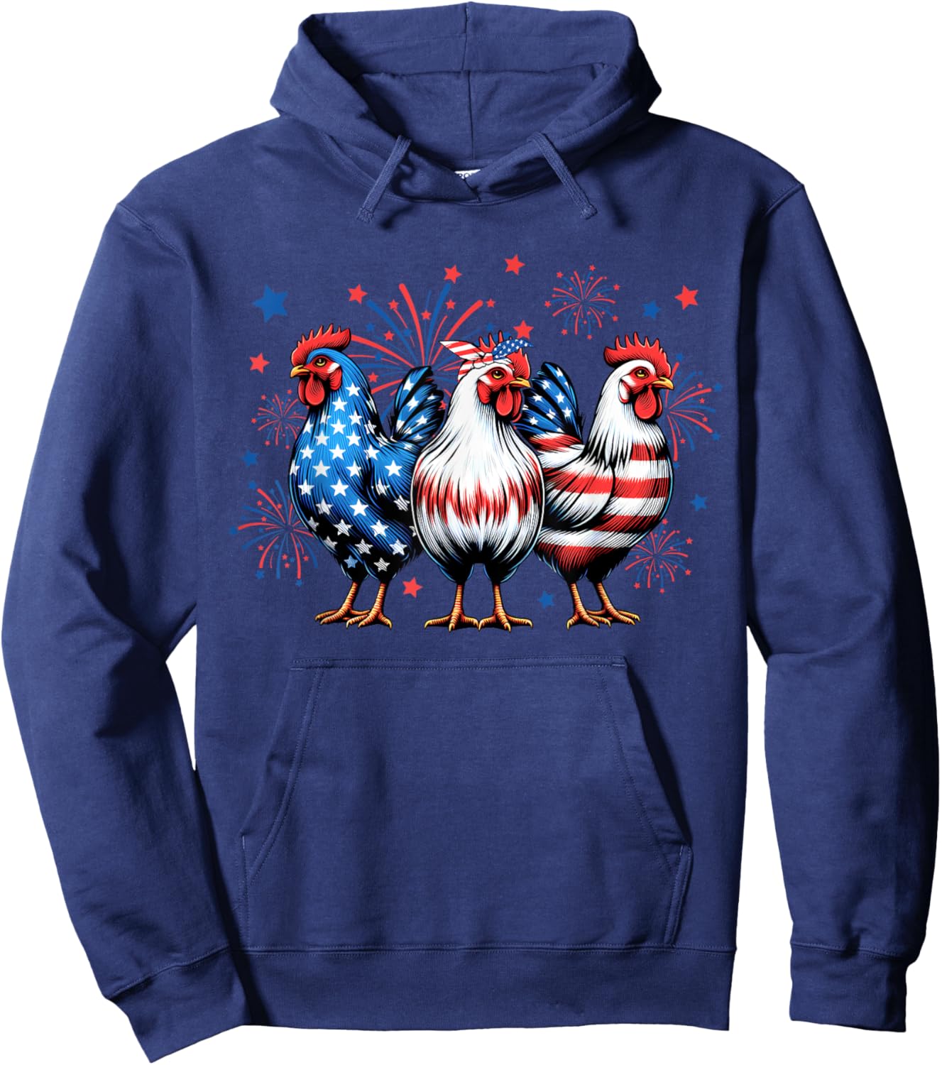 Patriotic Firework Red White Blue Chicken USA Flag July 4th Hoodie - Hoodie | Navy