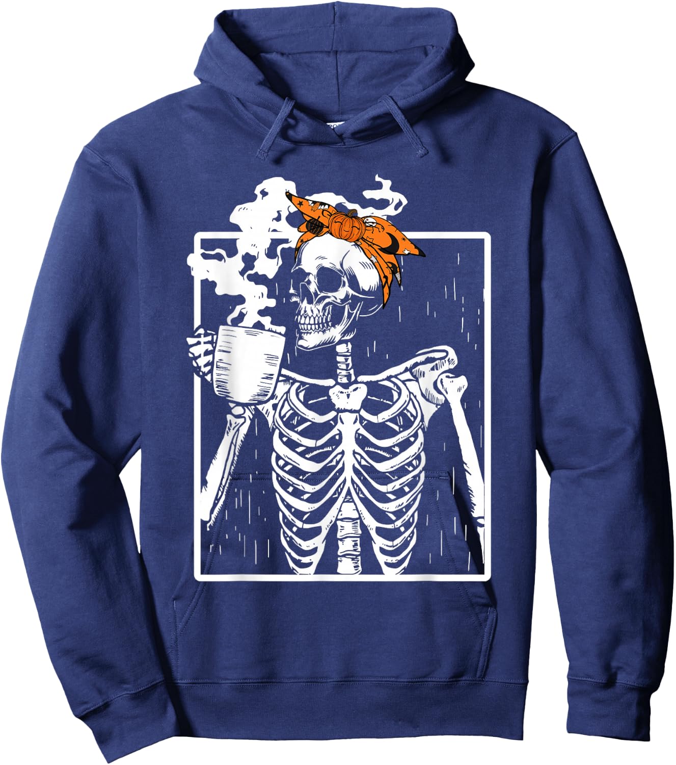 Coffee Drinking Skeleton DIY Halloween Messy Bun Women Girl Hoodie - Hoodie | Navy