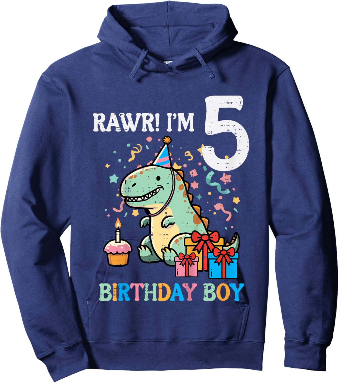 Kids Rawr Im 5 Dinosaur Birthday Boy Cute 5th Bday Trex Boys Kids Hoodie - Hoodie | Navy