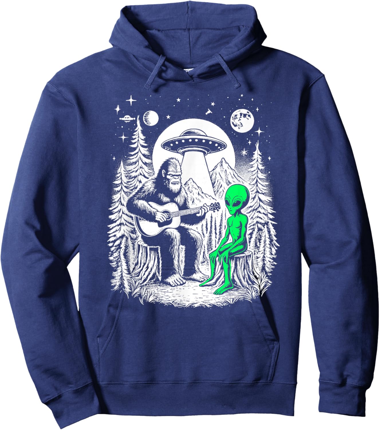 Bigfoot Plays Guitar Sasquatch Camping Big Foot UFO Alien Hoodie - Hoodie | Navy