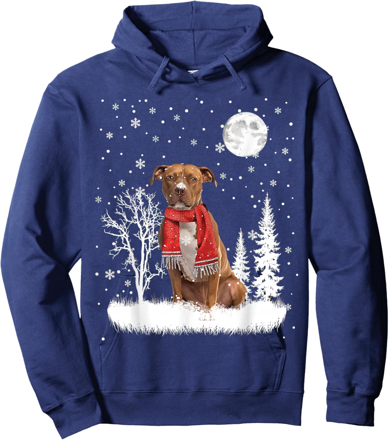 Pitbull Under Moonlight Snow Christmas Pajama Hoodie - Hoodie | Navy