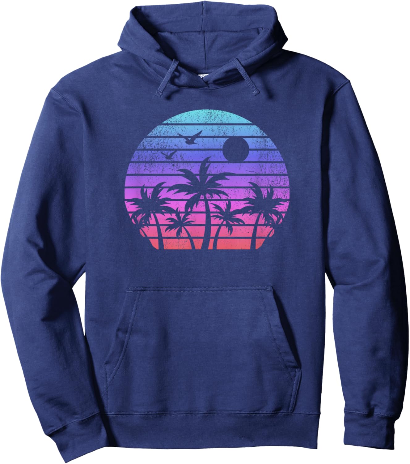 Beach Sunset Palm Trees Retro 80s Eighties Vintage Graphic Hoodie - Hoodie | Navy