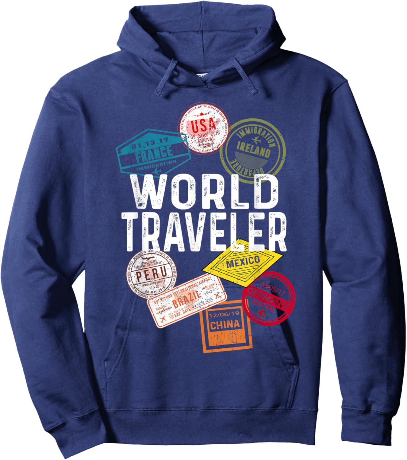 Vintage Distressed World Traveler Passport stamp Hoodie - Hoodie | Navy