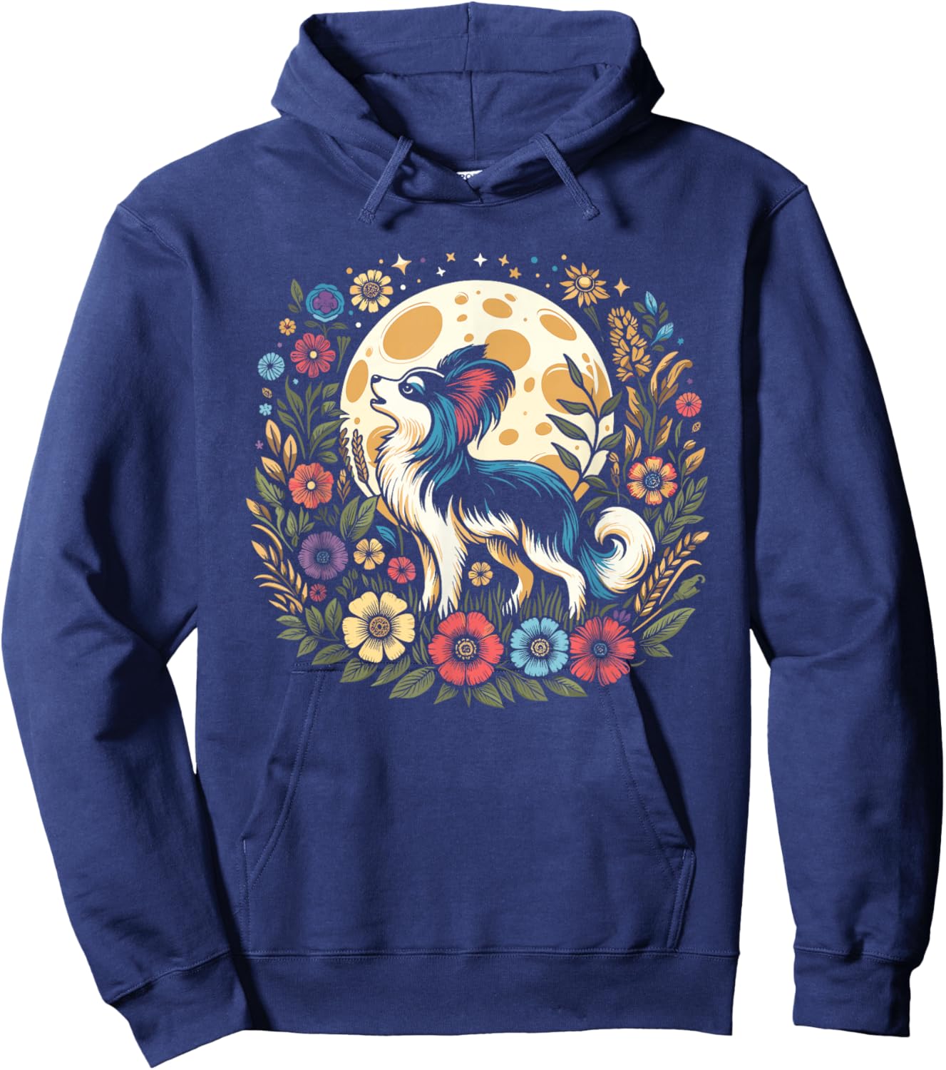 Floral Moon Papillon Dog Breed Pet - Wild Flowers Hoodie - Hoodie | Navy