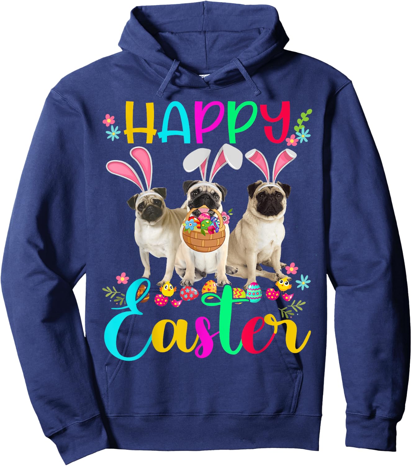 Happy Easter Three Pug Wearing Bunny Ear Pug Lover Hoodie - Hoodie | Navy