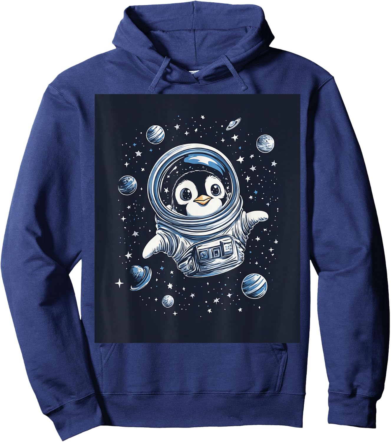 Cute Penguin in Space Floating Among Stars Apparel Hoodie - Hoodie | Navy