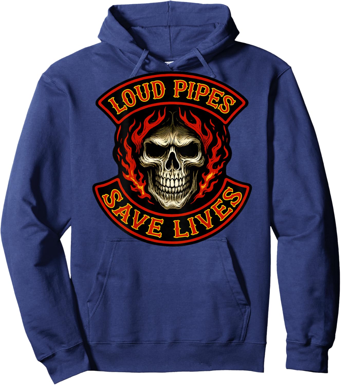Loud Pipes Save Lives (Art On Back) Funny Biker Patch Skull Hoodie - Hoodie | Navy