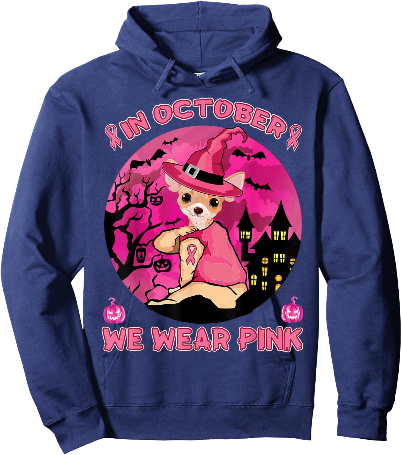 In October We Wear Pink Chihuahua Breast Cancer Halloween Hoodie - Hoodie | Navy