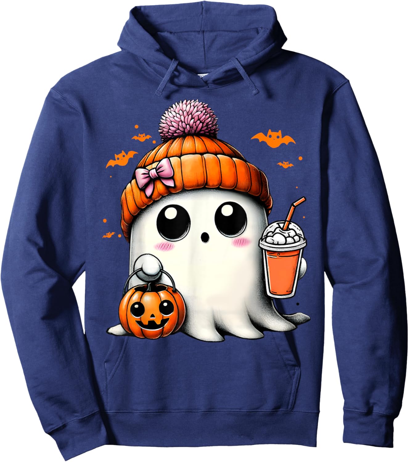 Cute Ghost Drinking Coffee Halloween Ghost Ice Coffee Hoodie - Hoodie | Navy