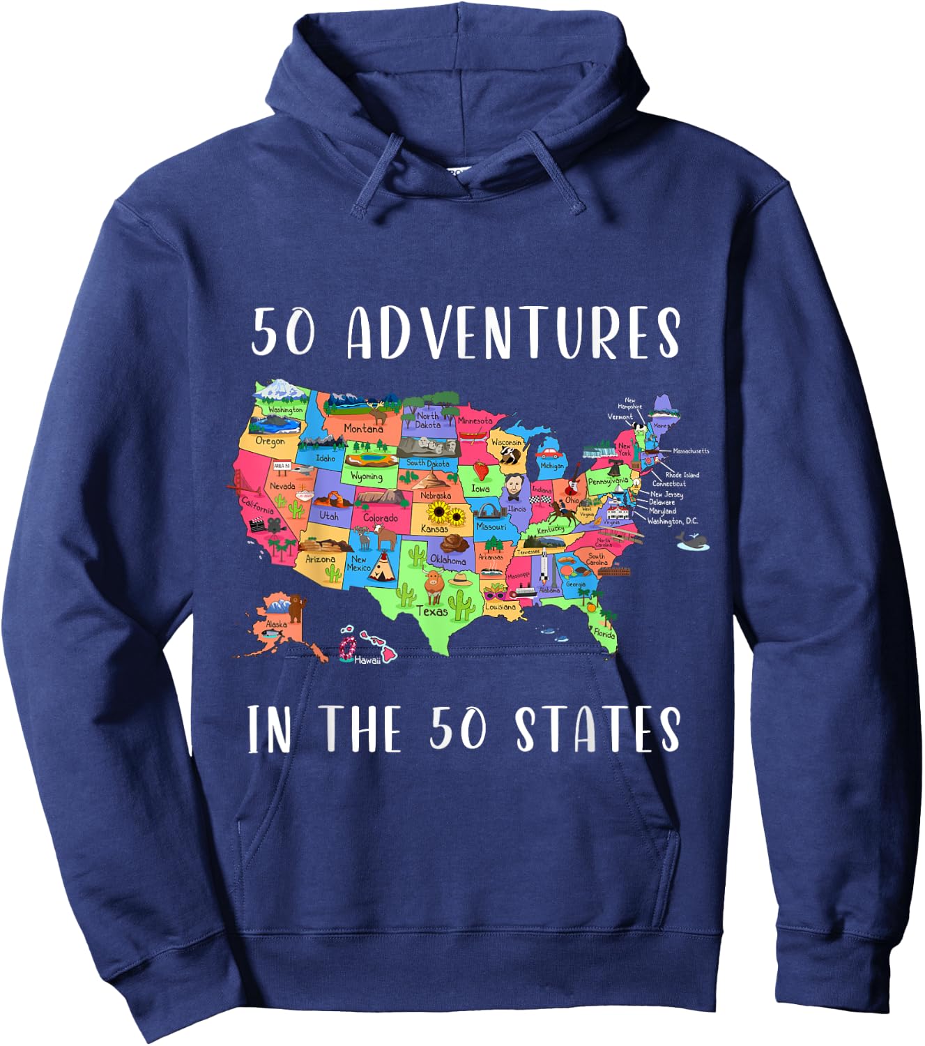 ALL50CLUB Women's USA Travel Map , Black, Small, Short Sleeve, Classic Fit, Crew Collar, , 50 States Map Design Hoodie - Hoodie | Navy
