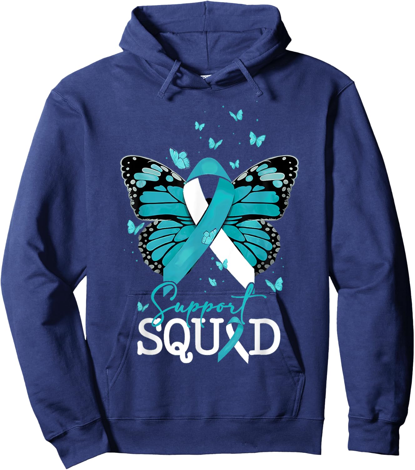 Teal Butterfly Support Squad Cervical Cancer Awareness Hoodie - Hoodie | Navy