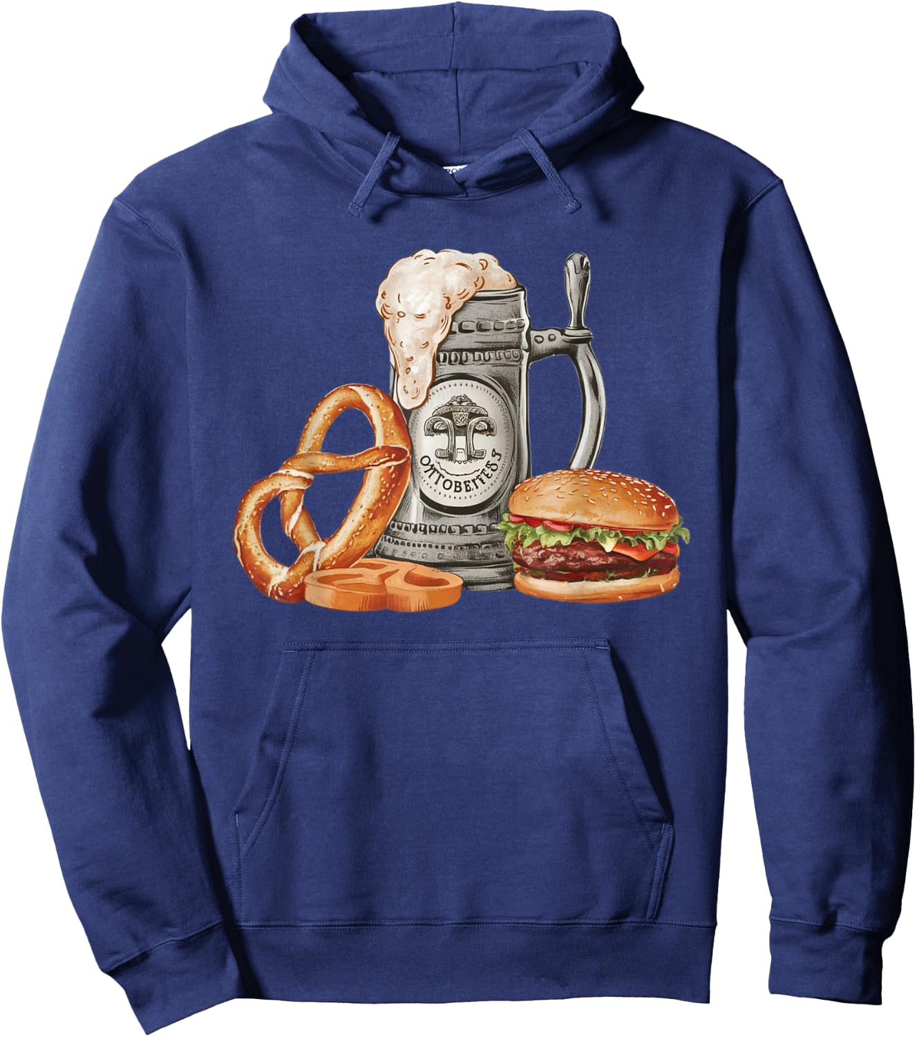 Oktoberfest Beer Mug with Pretzel and Burger, Festive Bavar Hoodie - Hoodie | Navy