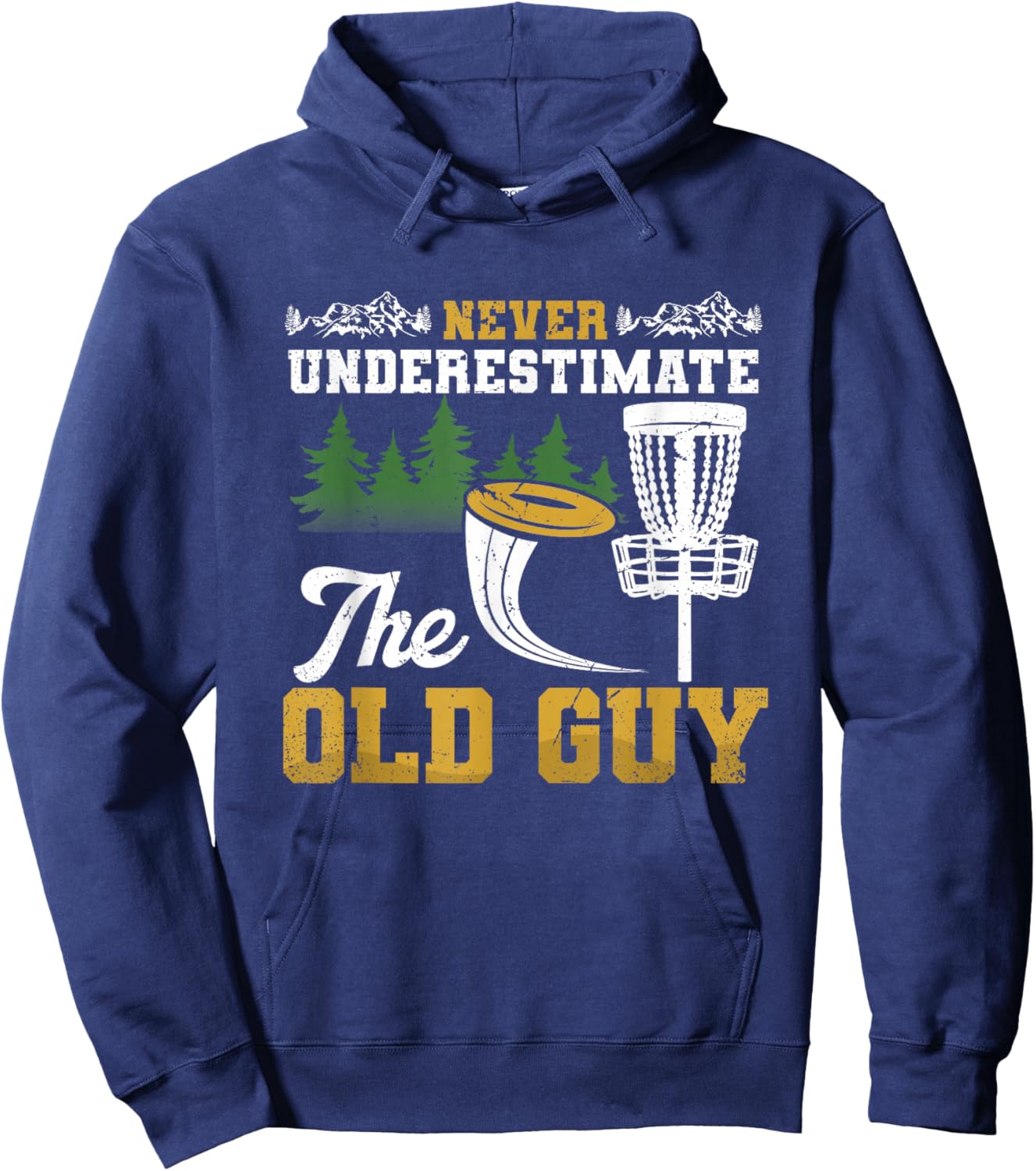Never Underestimate Old Guy Disc Golf Frisbee Men's Black Small Modern Fun Golf Disc Golf Hoodie - Hoodie | Navy