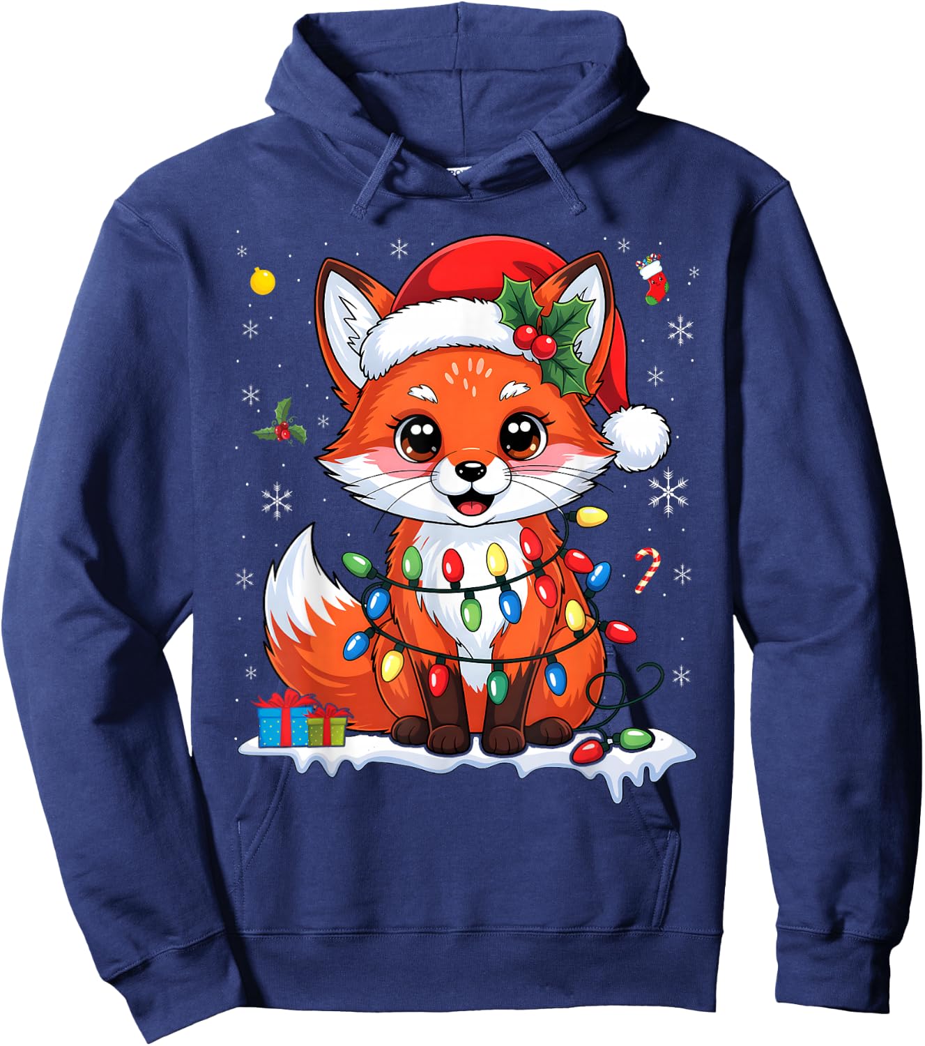 Merry Foxmas Christmas Lights Cute Fox Santa Hat Hoodie - Hoodie | Navy