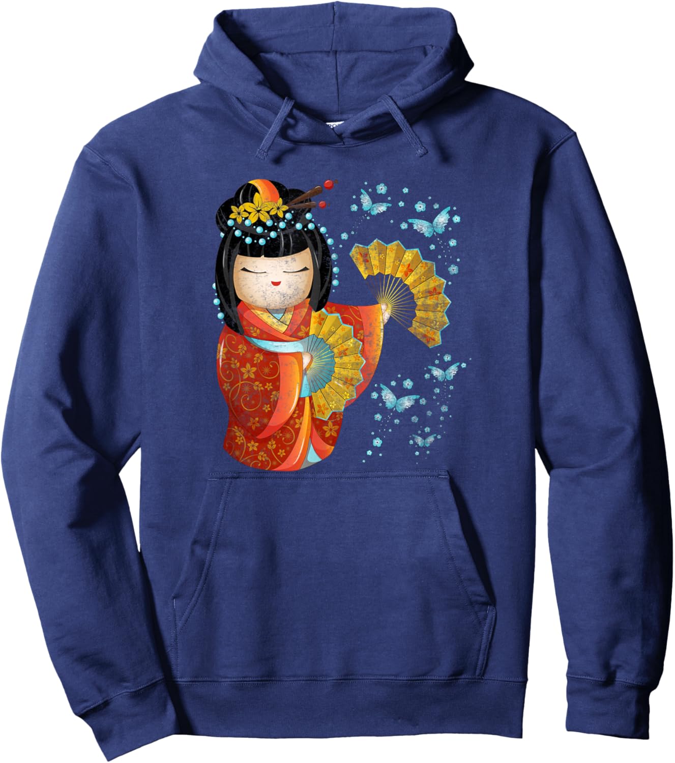 Kawaii Japanese Kokeshi Doll Kimono Geisha Butterflies Hoodie - Hoodie | Navy