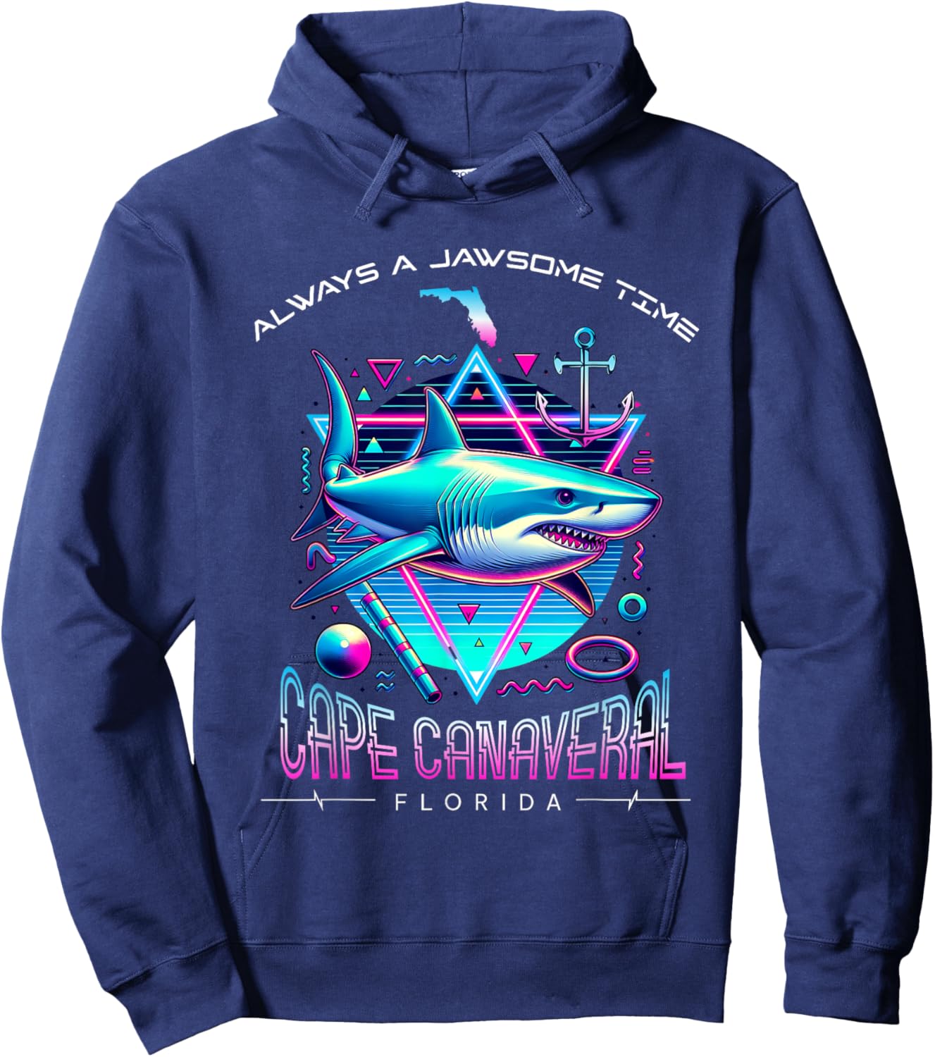 Cape Canaveral FL Shark Retro 80s Funny Souvenir Hoodie - Hoodie | Navy