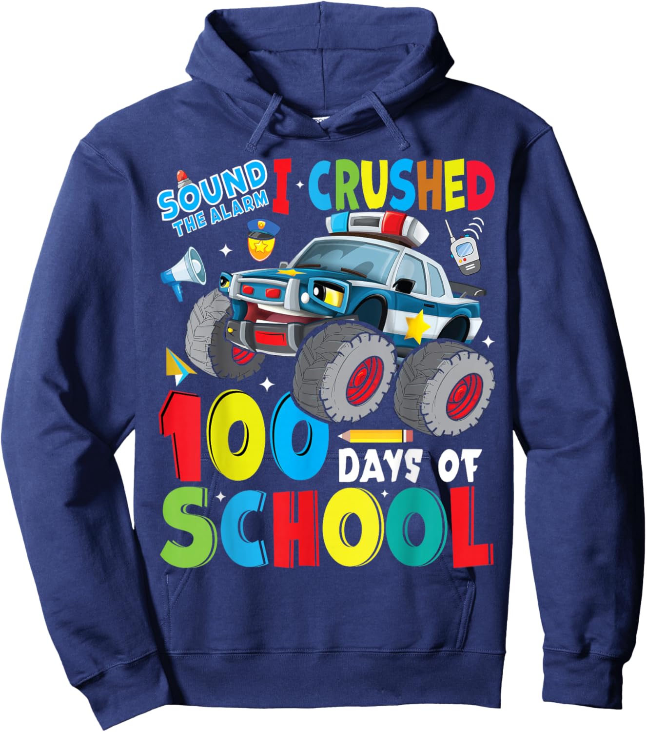 Monster Truck Police Car 100 Days of School Teachers Boys Hoodie - Hoodie | Navy
