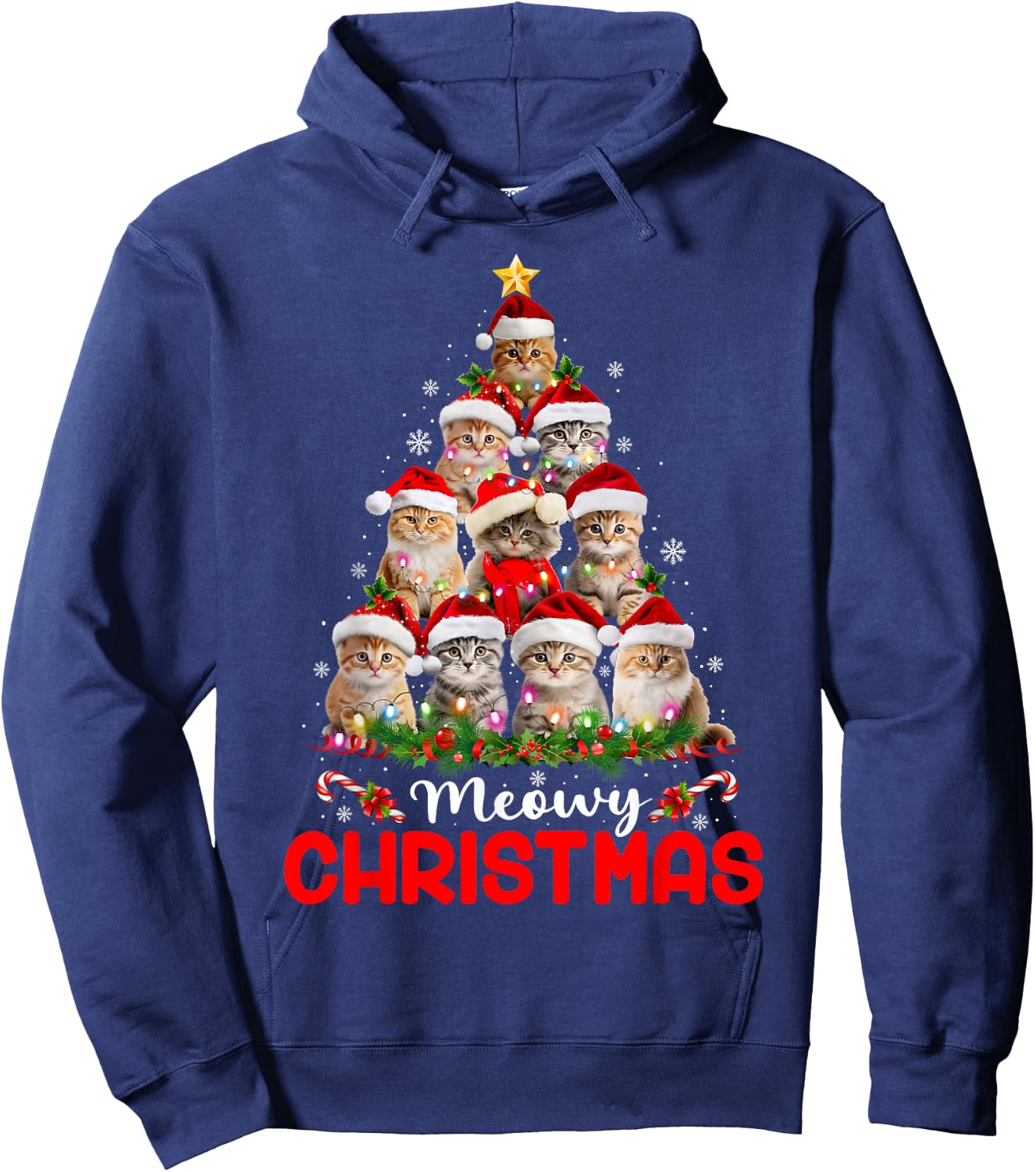Merry Catmas Cat Christmas Tree Lights Funny Xmas Pajamas Women Kids Hoodie - Hoodie | Navy