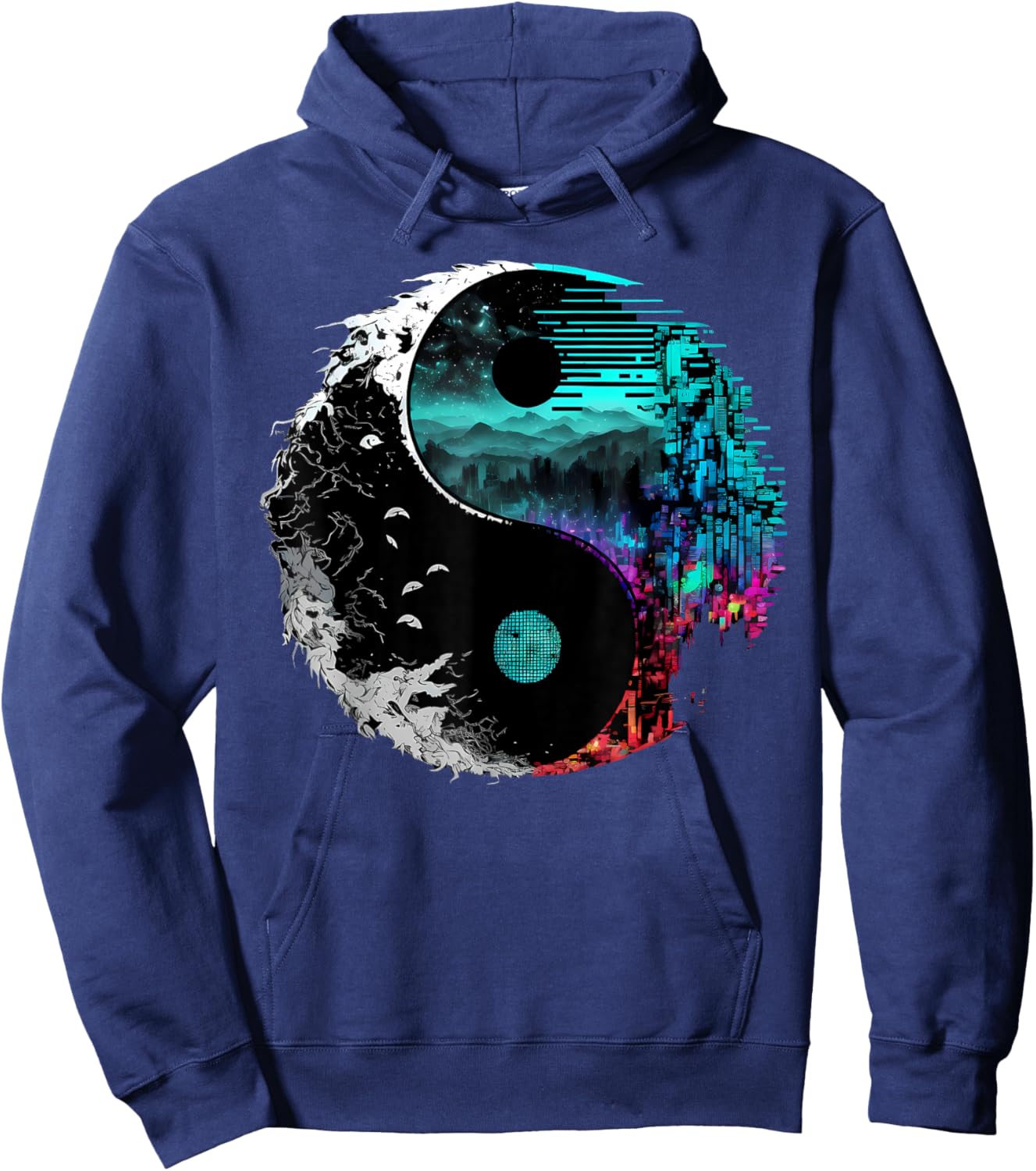 Harmonious Glitch Yin Yang - Black, -Adults, Small Hoodie - Hoodie | Navy