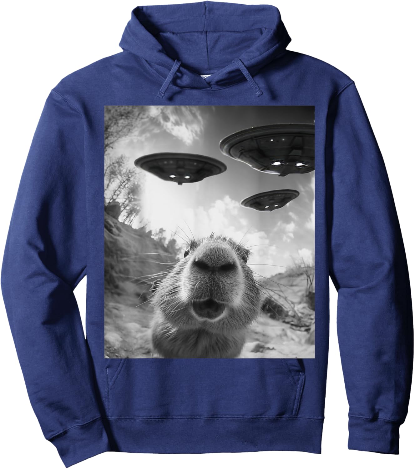 Funny Capybara Selfie with UFOs Weird Alien UFO Hoodie - Hoodie | Navy