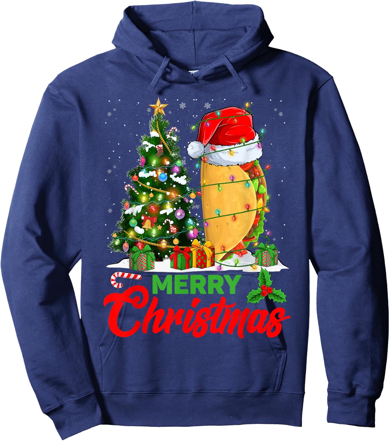 Funny Taco Christmas Tree Lights Mexican Food Lover Xmas Hoodie - Hoodie | Navy