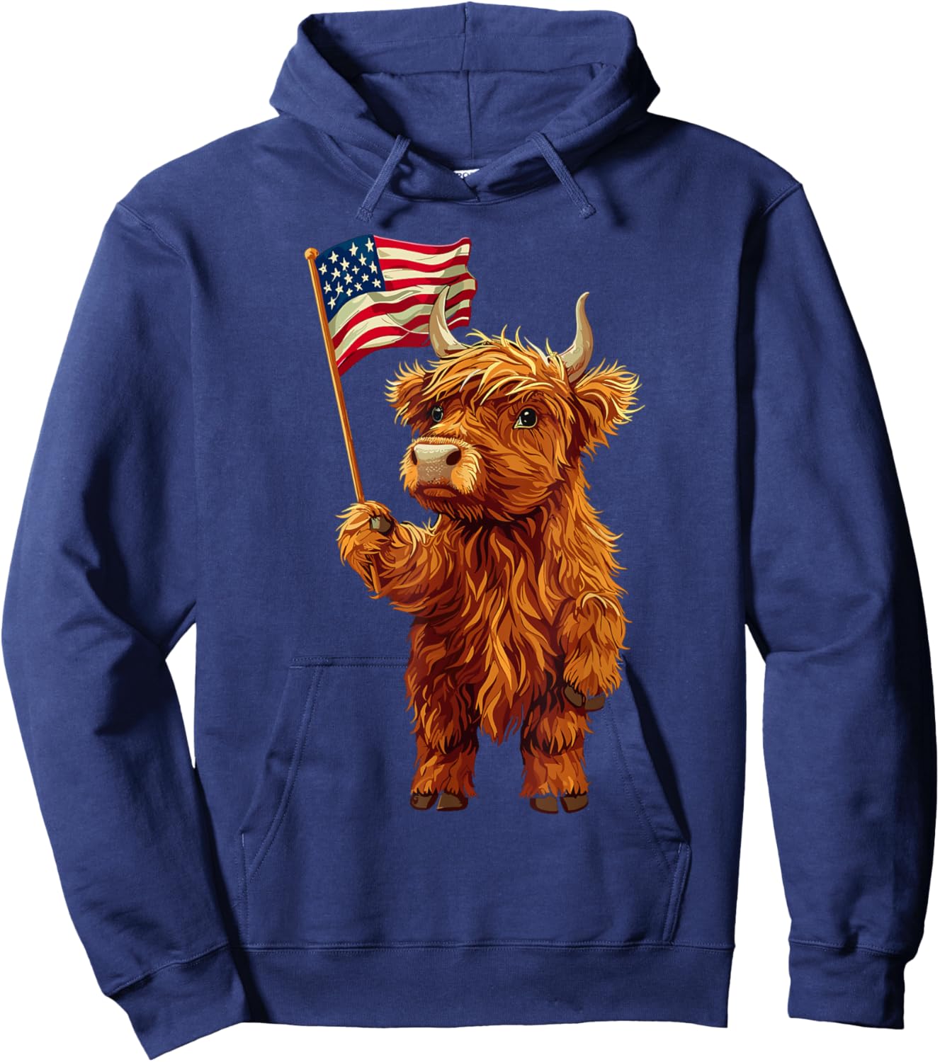 Highland Cow Patriotic Farmer 4th Of July USA American Flag Men Hoodie - Hoodie | Navy