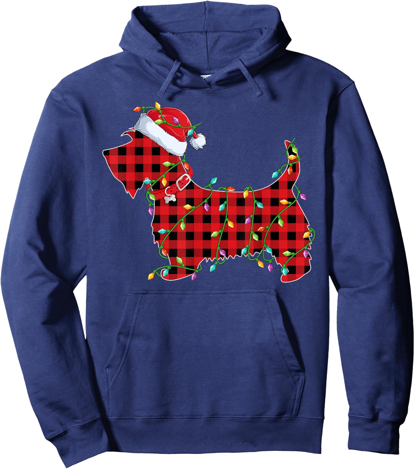 Xmas Lighting Matching Buffalo Plaid Scottie Dog Christmas Hoodie - Hoodie | Navy