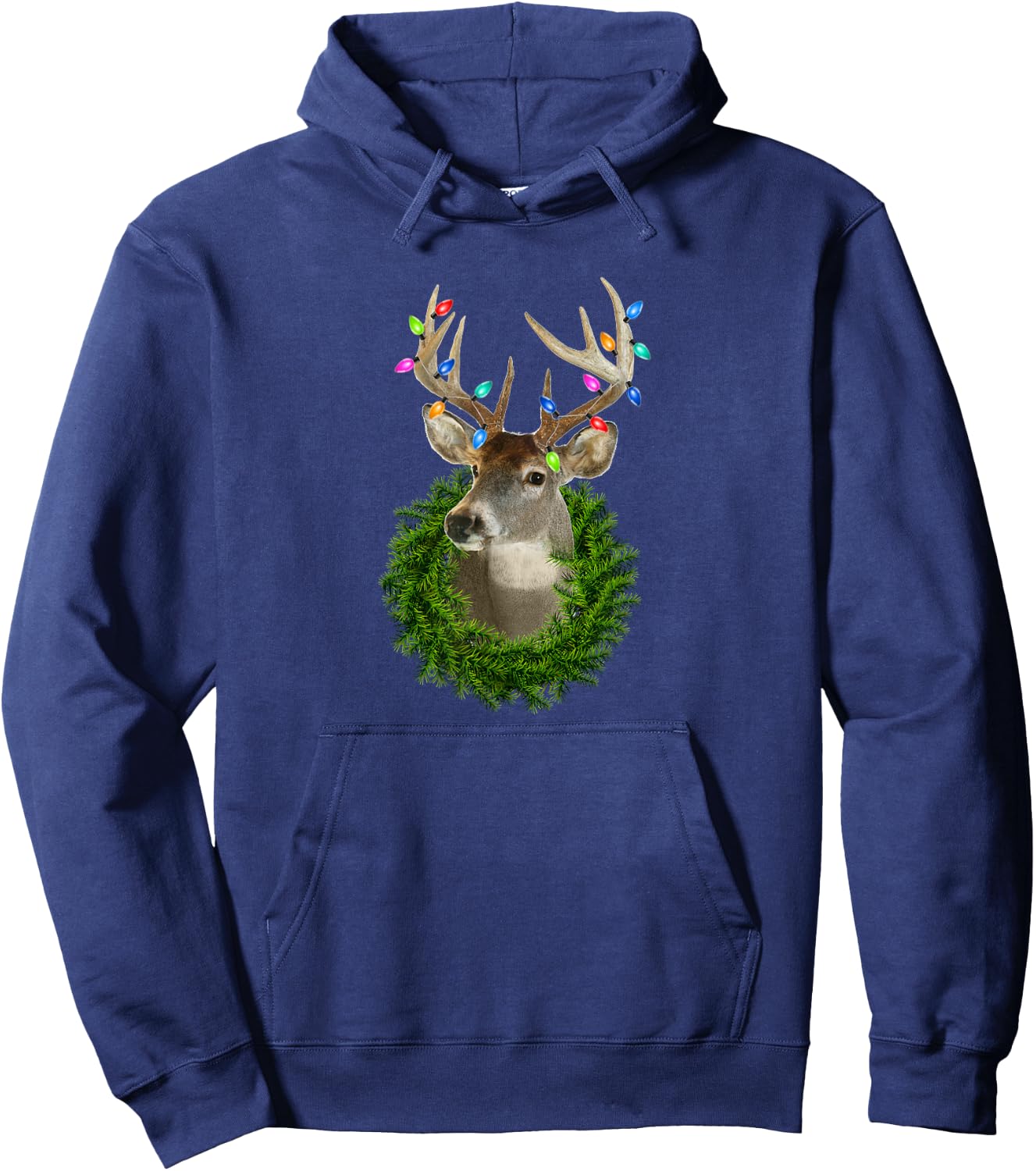 Deer Hunting Whitetail Christmas Lights Trophy Buck Wreath Hoodie - Hoodie | Navy