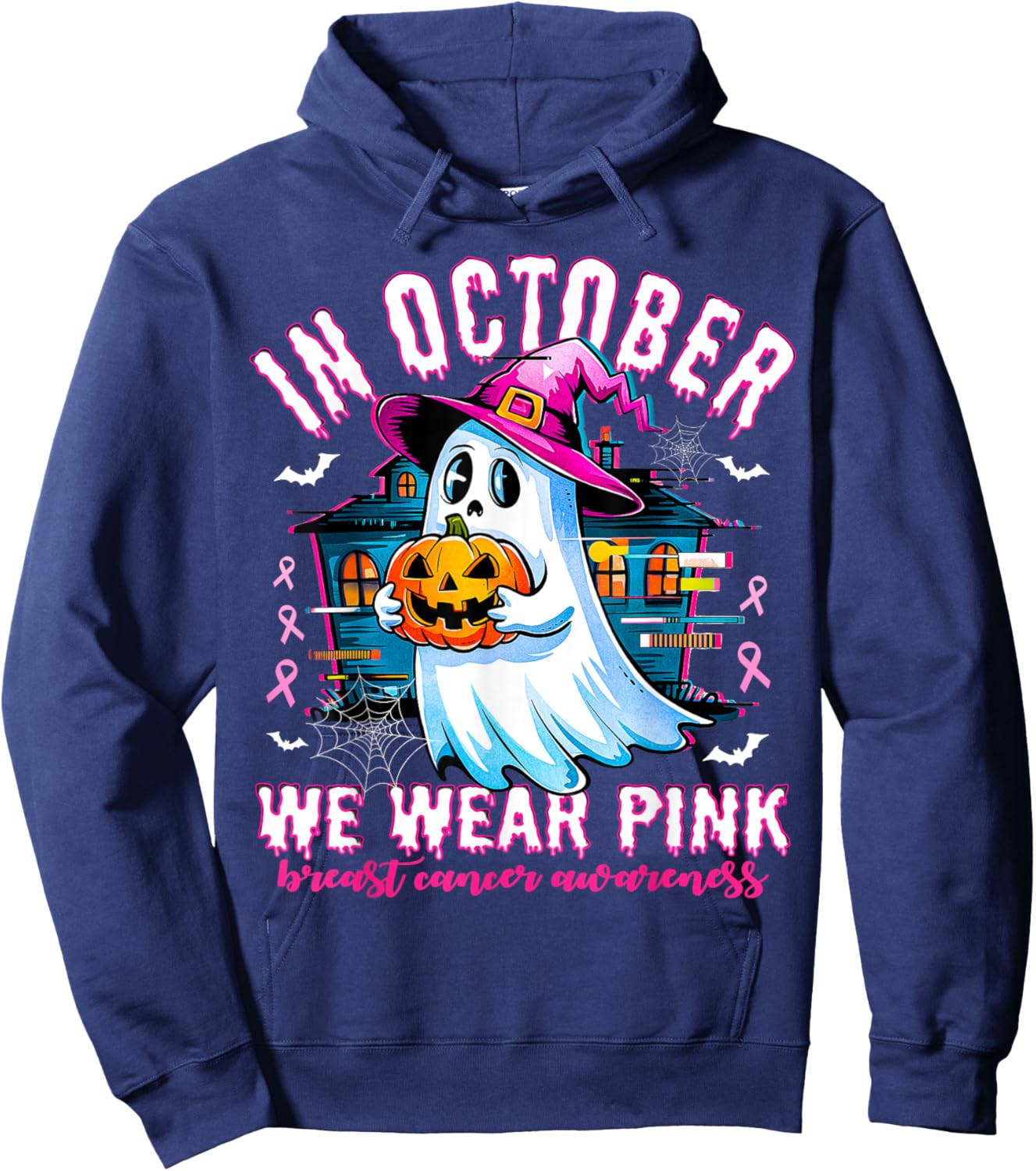 In October we Wear Pink With Ghost Breast Cancer Awareness Hoodie - Hoodie | Navy