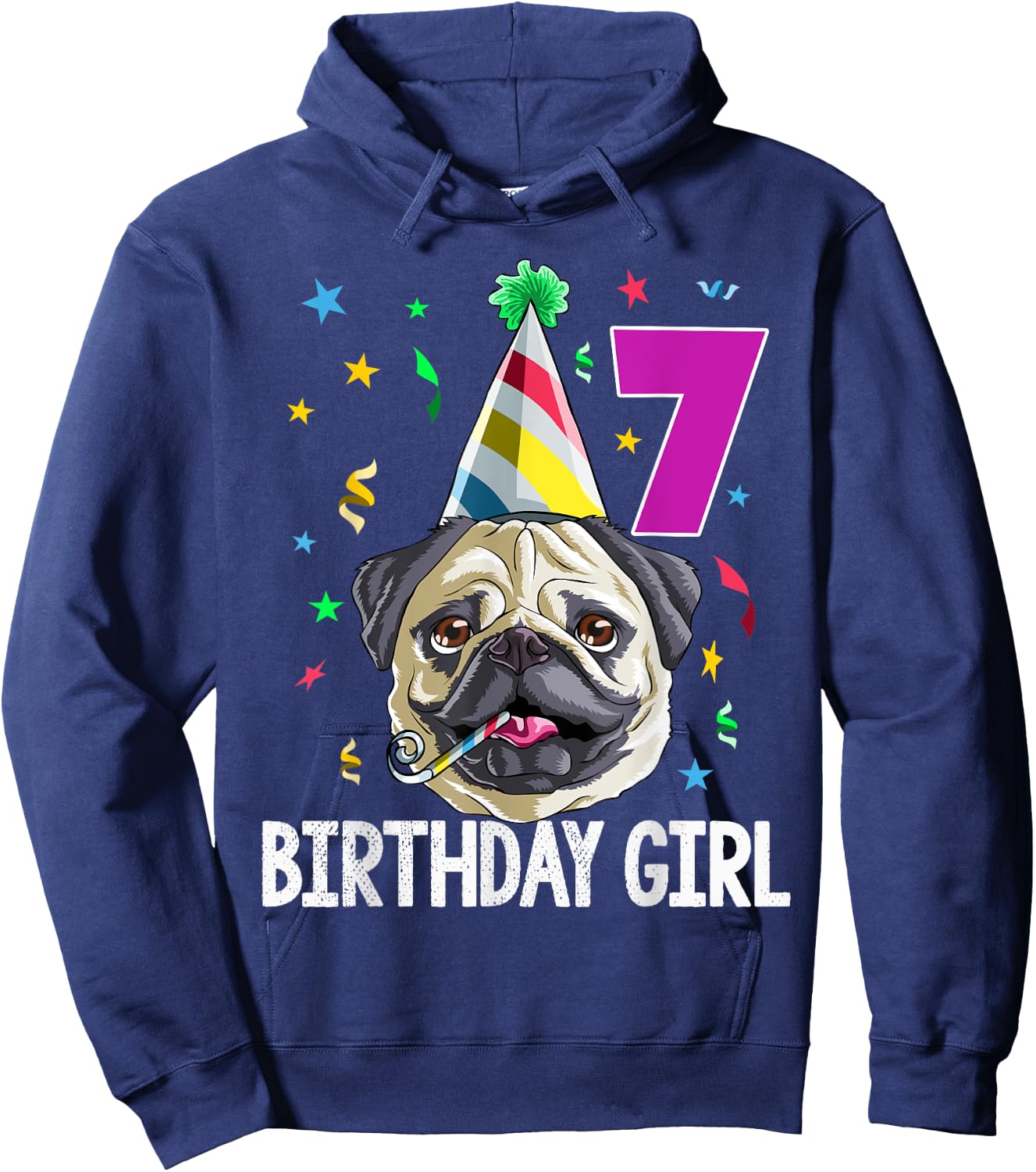 Pug Birthday Girl 7th 7 T Shirt Kids Girls Gift Party Hoodie - Hoodie | Navy