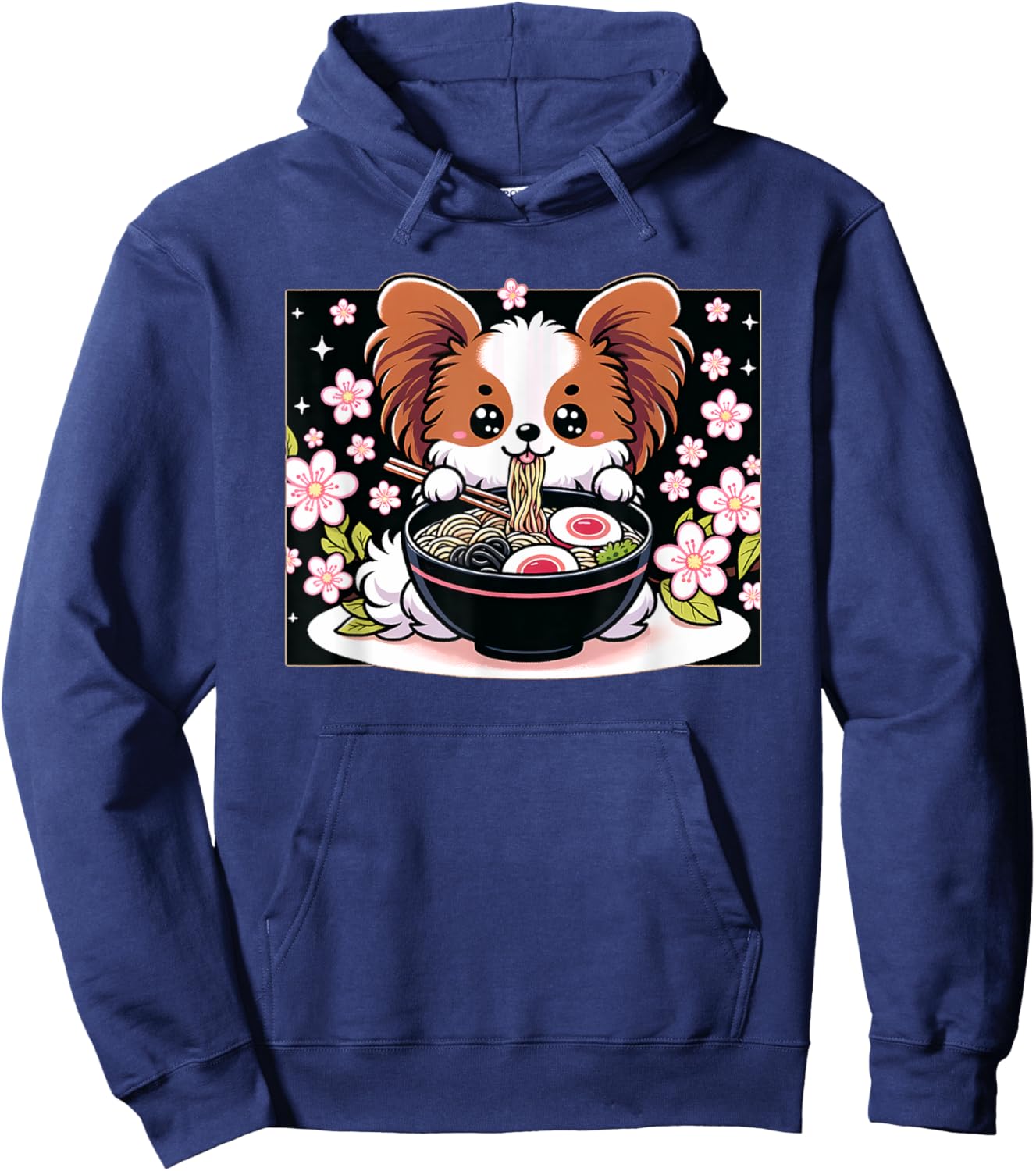 Kawaii Papillon dog Eating Ramen Hoodie - Hoodie | Navy