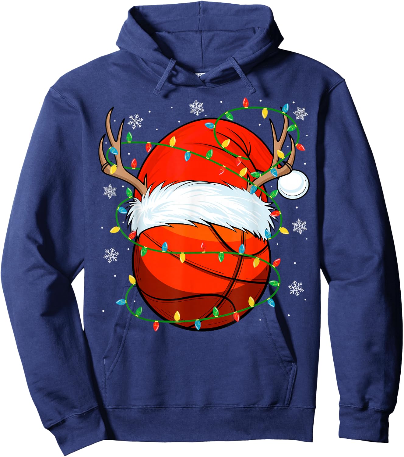 Santa Basketball Ball Xmas Lights Christmas Basketball Hoodie - Hoodie | Navy
