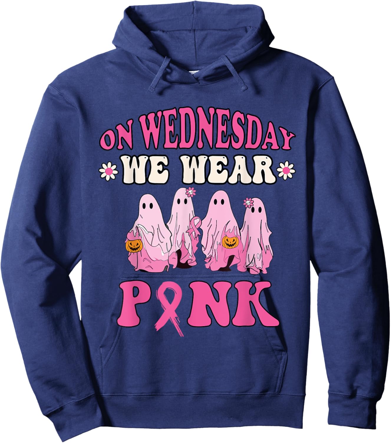 On Wednesday We Wear Pink Cute Ghost Halloween Breast Cancer Hoodie - Hoodie | Navy