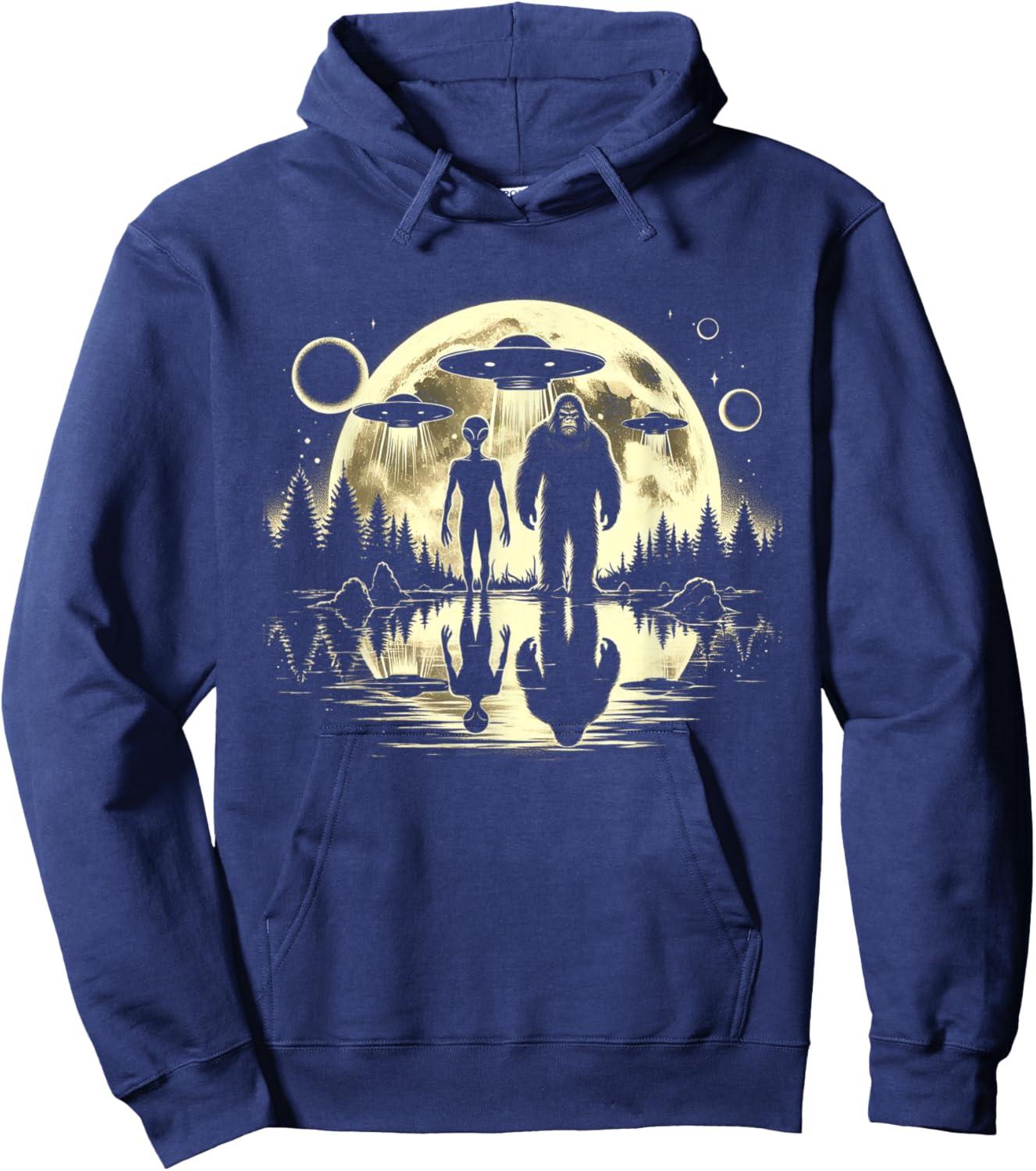 Bigfoot and Alien Moon UFO Extraterrestrial Sasquatch Gifts Hoodie - Hoodie | Navy