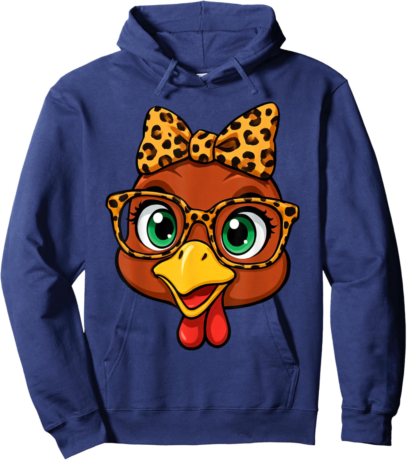 Thanksgiving Turkey Face Leopard with Glasses Bow Women Girl Hoodie - Hoodie | Navy