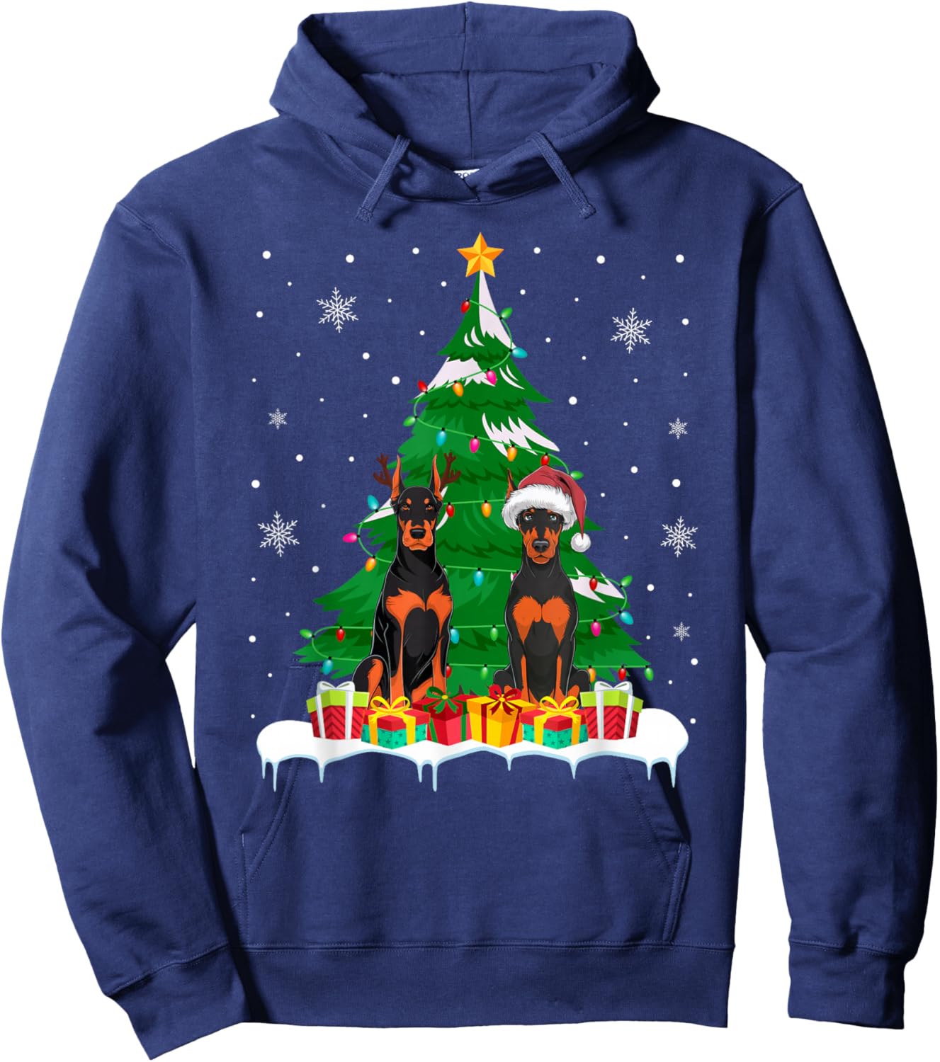 Doberman Pinscher Dog Christmas Tree Light Santa Reindeer PJ Hoodie - Hoodie | Navy