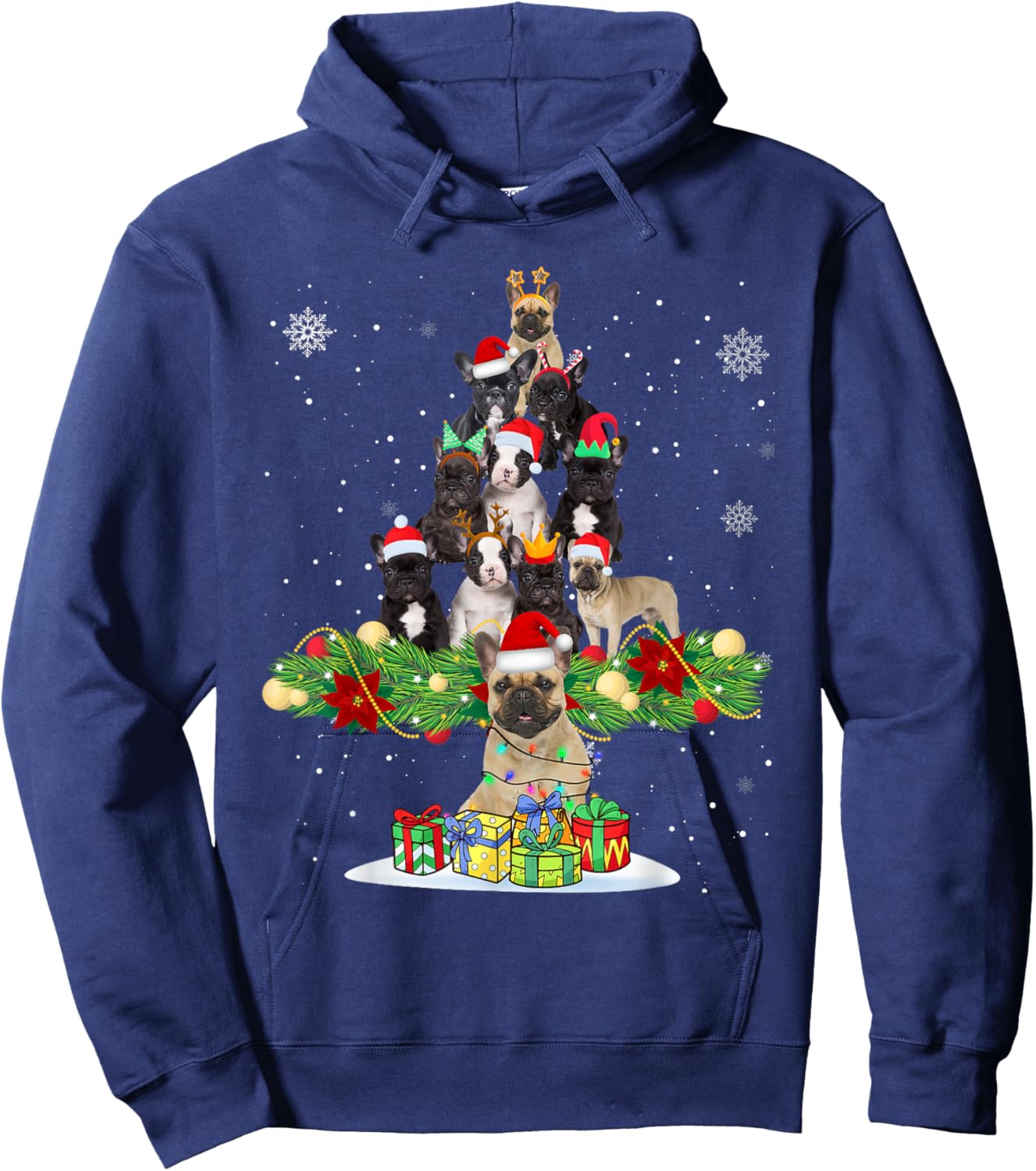 Ugly Sweater Christmas Tree French Bulldog Dog Xmas Lights Men Women Kids Hoodie - Hoodie | Navy