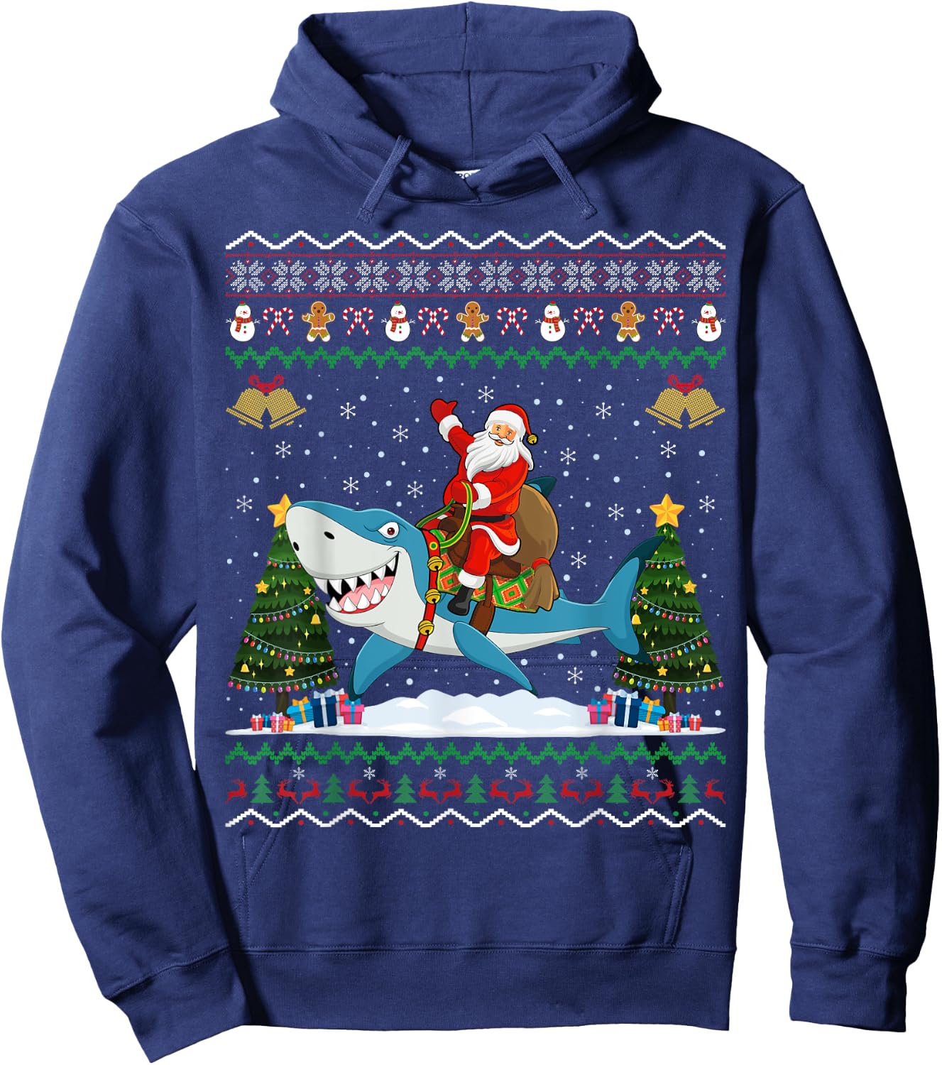 Shark Ugly Xmas Gift Santa Riding Shark Christmas Hoodie - Hoodie | Navy