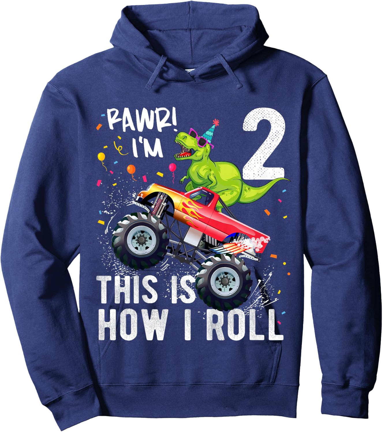 Kids T Rex Dinosaur Monster Truck 2nd Birthday Boys and Girls Hoodie - Hoodie | Navy