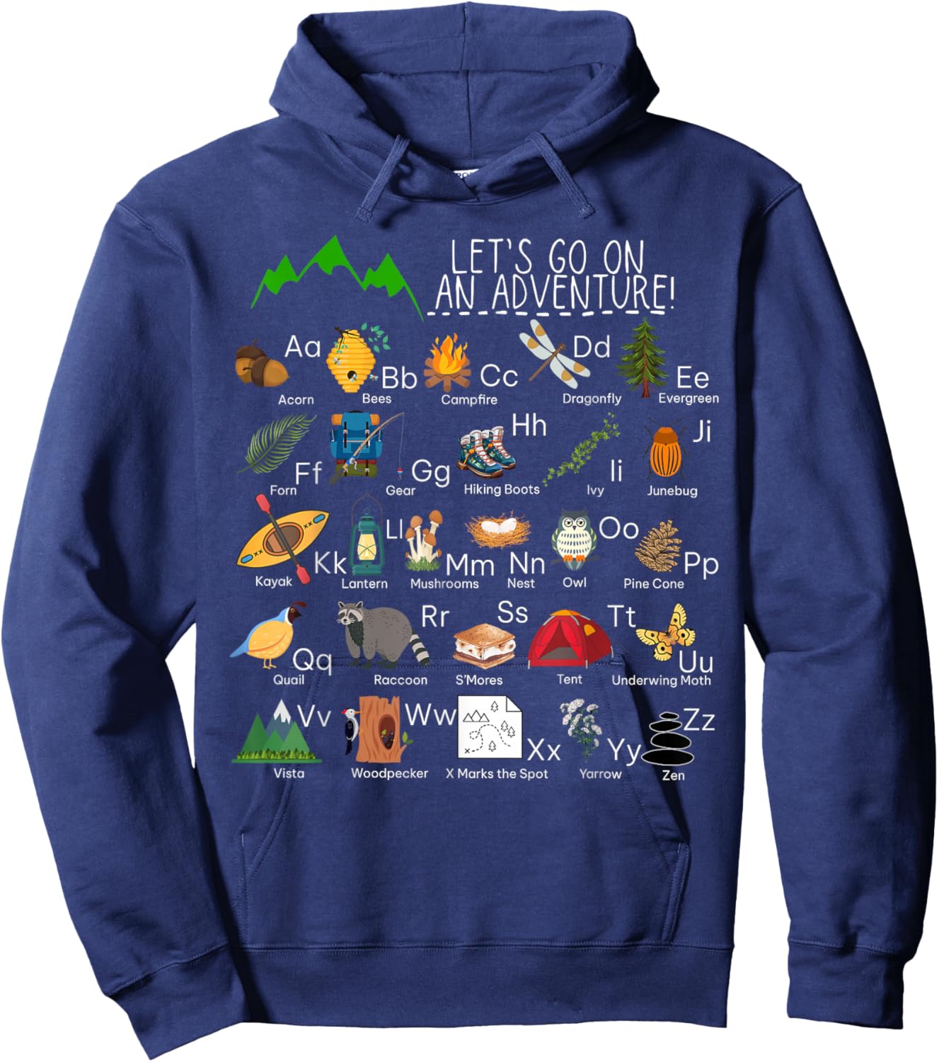 Retro Adventure Camping Alphabet ABCs Hiker Mountains Camp Hoodie - Hoodie | Navy