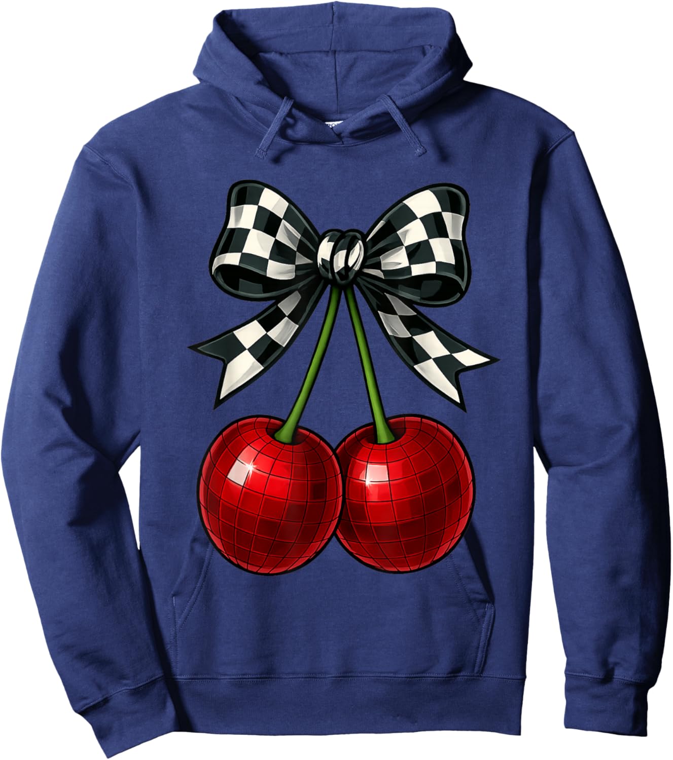Coquette Cherry Checkered Ribbon Bow Women Girls Hoodie - Hoodie | Navy