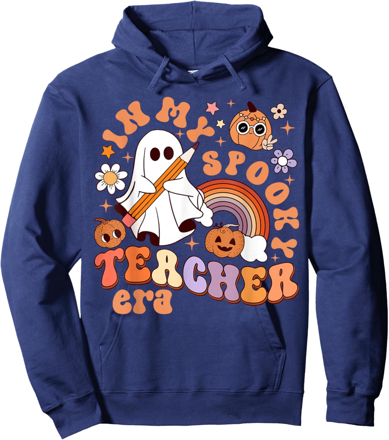 Groovy In My Spooky Math Teacher Era Ghost Funny Halloween Hoodie - Hoodie | Navy