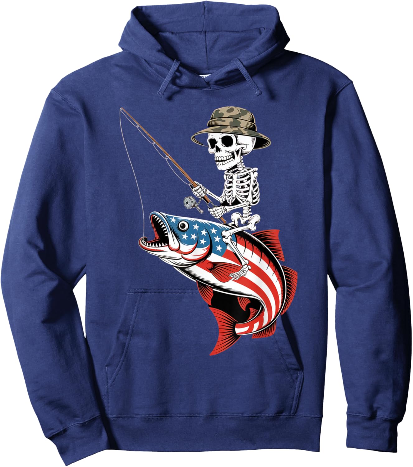 Patriotic Skeleton Fishing American Flag for Anglers Hoodie - Hoodie | Navy