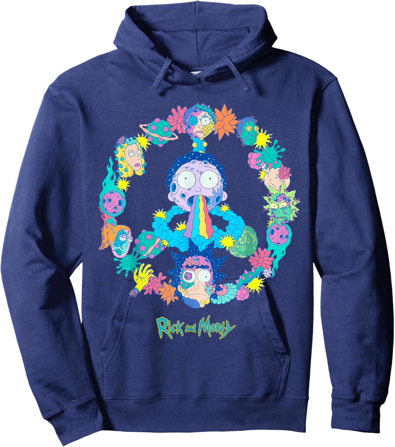 Rick and Morty Peace Sign Vivid Alien Adult Cartoon Fashion Hoodie - Hoodie | Navy