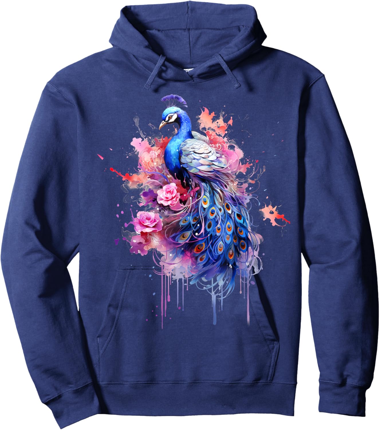 Peacock Watercolor Garden, Colorful Art, Peacock Hoodie - Hoodie | Navy
