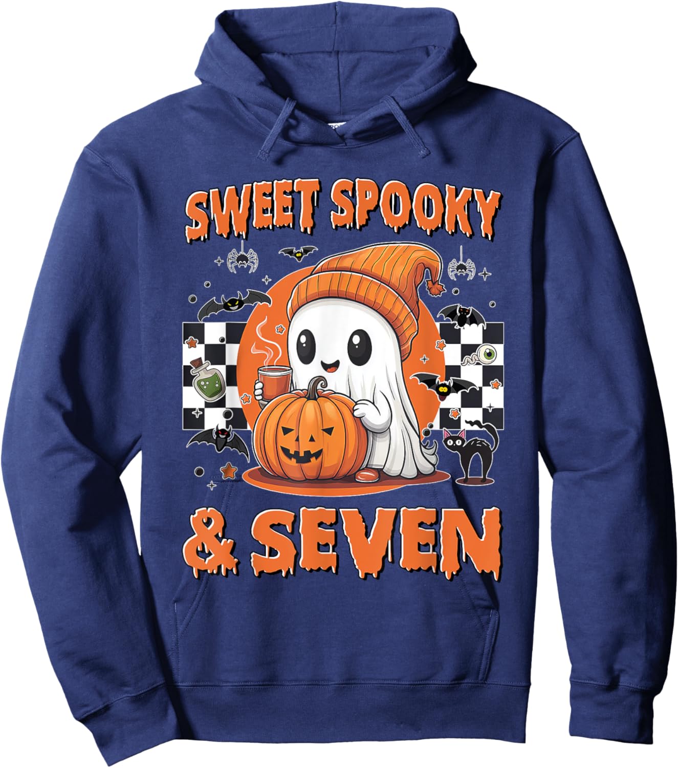 7th Birthday Sweet Spooky & Seven Cute Ghost 7 Years Old Hoodie - Hoodie | Navy