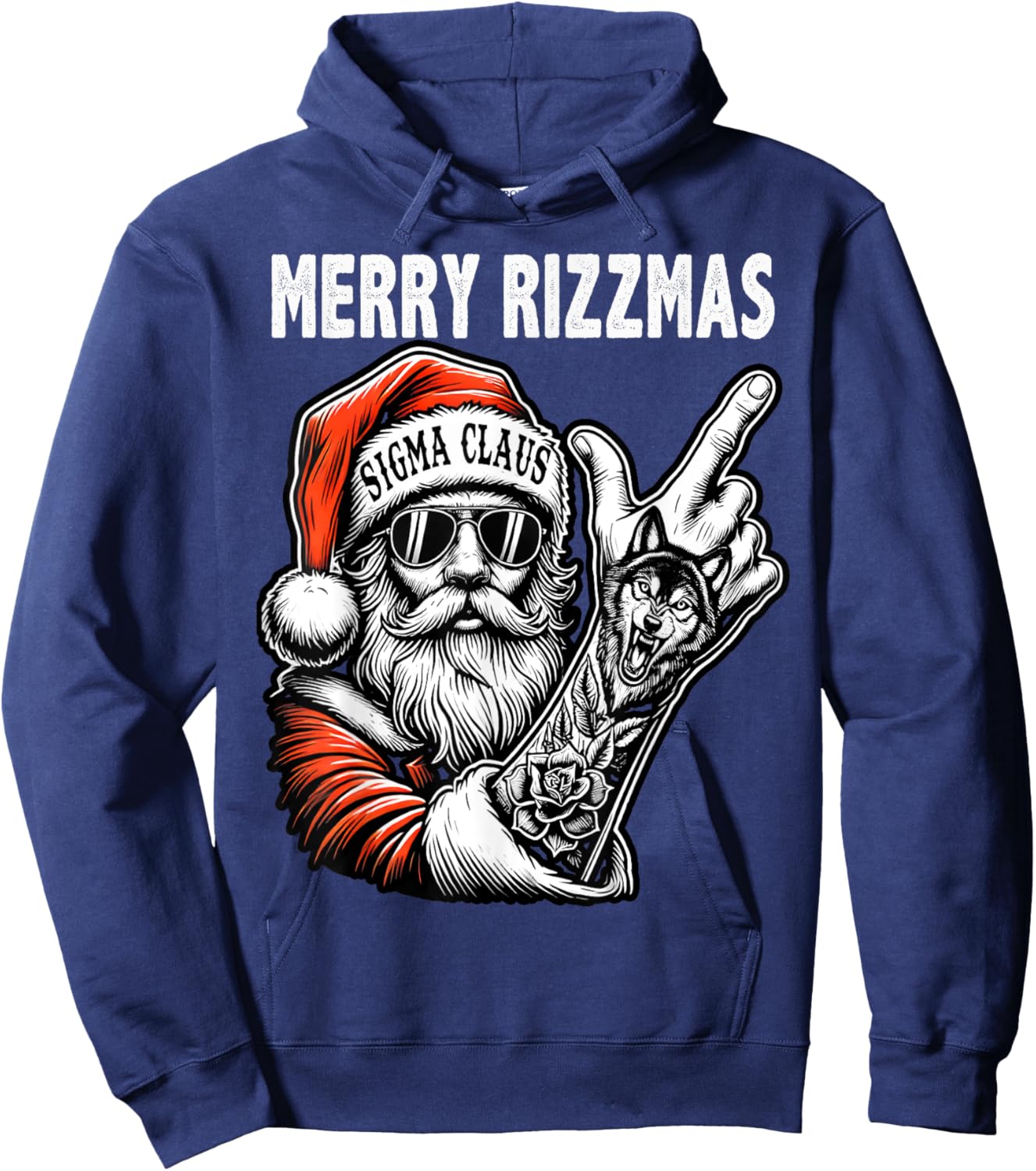 Merry Rizzmas, Funny Santa Wolf Tattoo Christmas Sigma Claus Hoodie - Hoodie | Navy